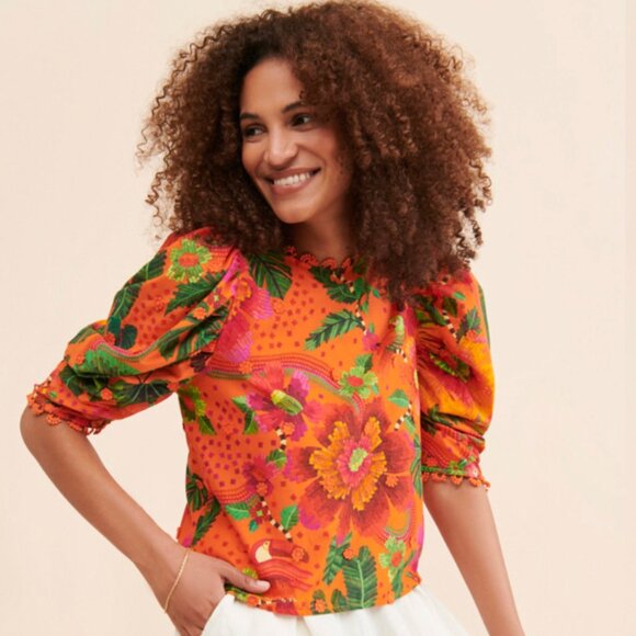 Farm Rio Blooming Garden Blouse Orange Floral Size Medium NWT Boho Top - Picture 8 of 9